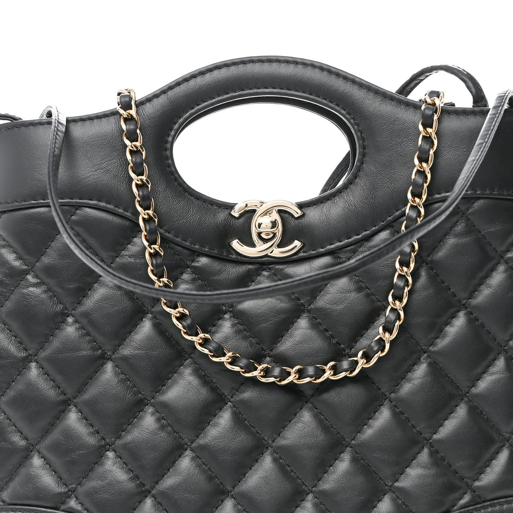 Aged Calfskin Quilted Mini 31 Shopping Bag Black