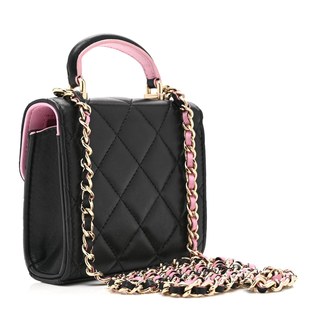 Lambskin Quilted Bi-Color Top Handle Clutch With Chain Black Pink