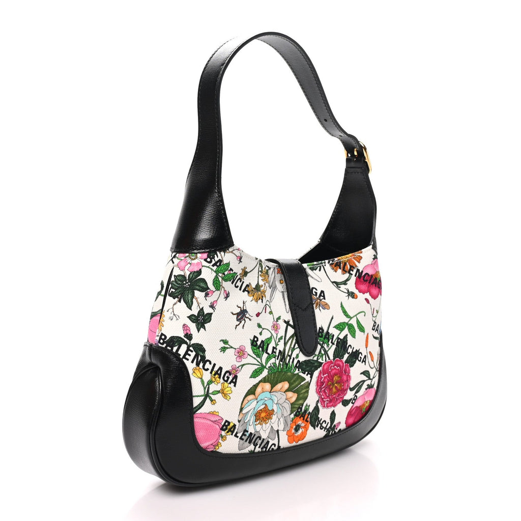 X BALENCIAGA Canvas Boarded Pluton Calfskin Flora Logo Print Small Jackie 1961 Hobo White Multicolor Black
