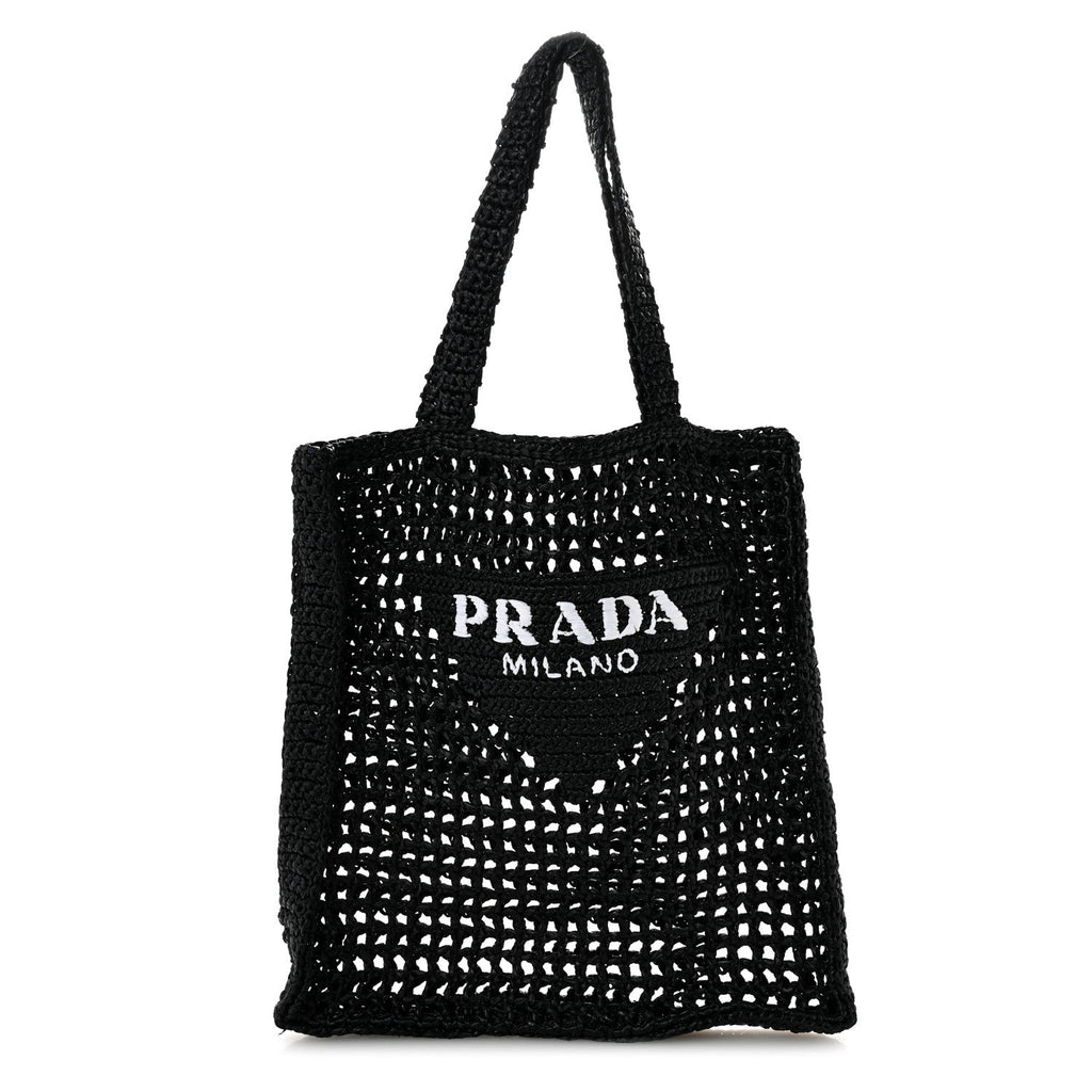 Yarn Raffia Effect Crochet Logo Embroidered Tote Bag Black