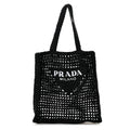 Yarn Raffia Effect Crochet Logo Embroidered Tote Bag Black