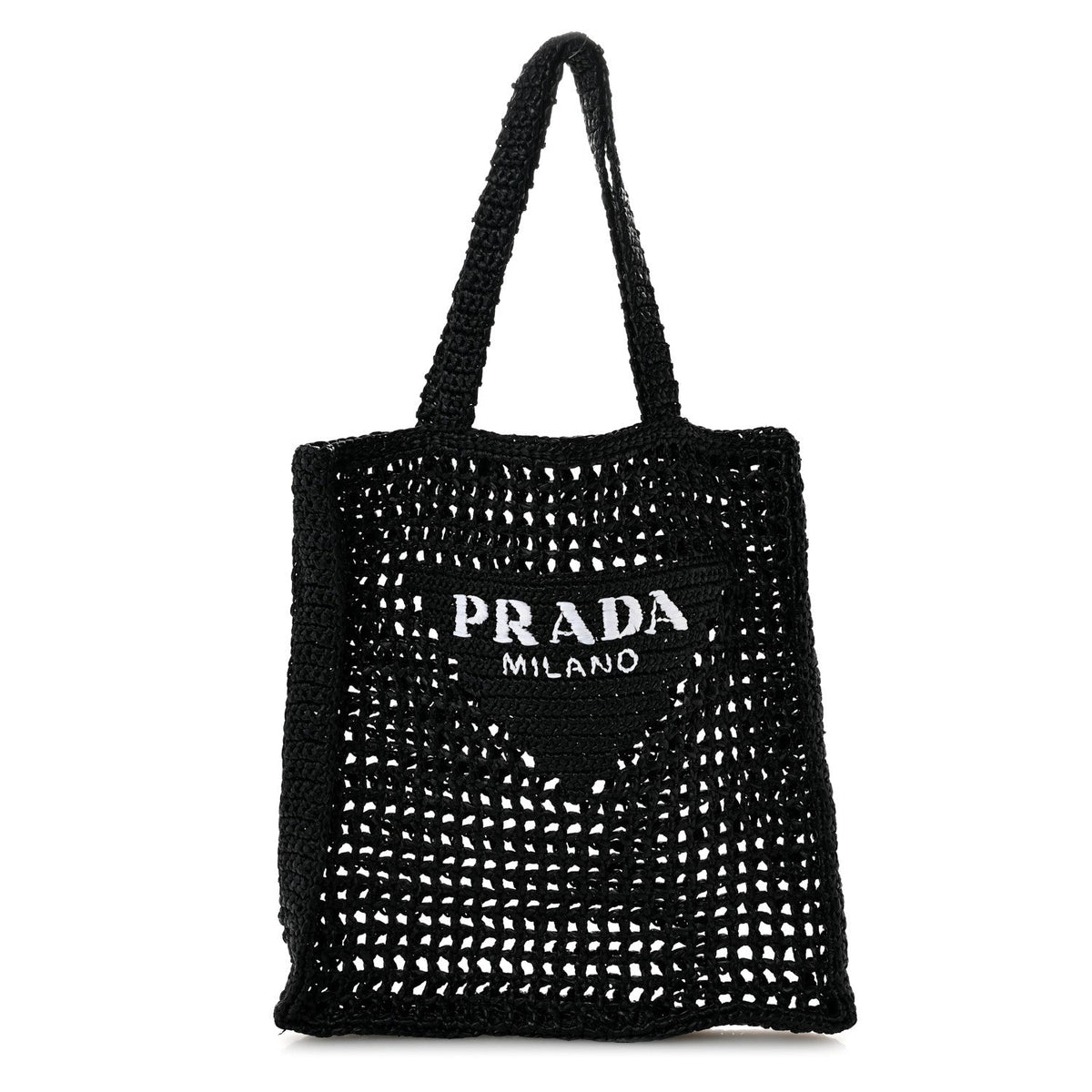 Yarn Raffia Effect Crochet Logo Embroidered Tote Bag Black