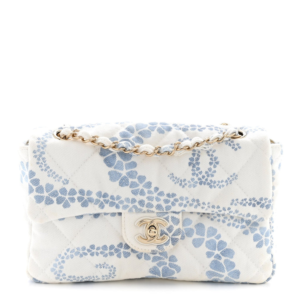 Printed Denim Coco Beach Quilted Small Single Flap Light Blue White
