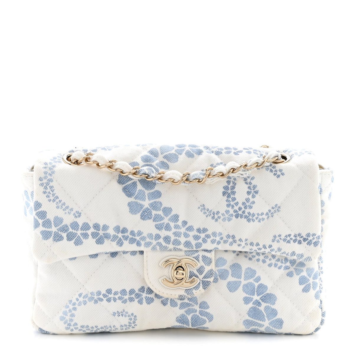 Printed Denim Coco Beach Quilted Small Single Flap Light Blue White