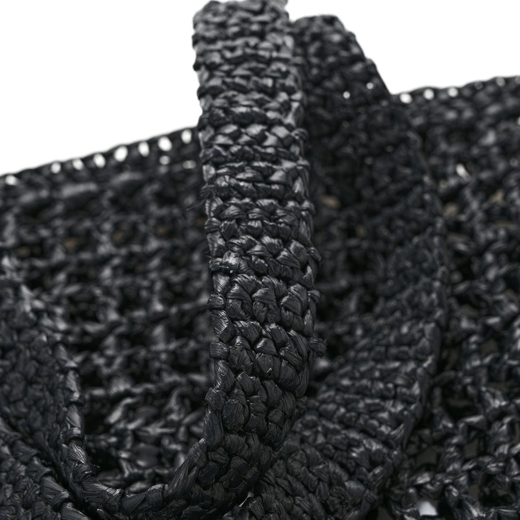 Yarn Raffia Effect Crochet Logo Embroidered Tote Bag Black