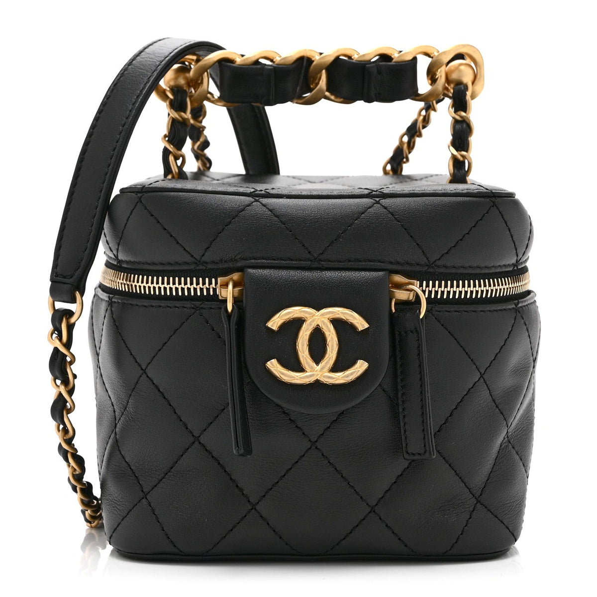 Calfskin Quilted Small Vanity Case With Chain Black