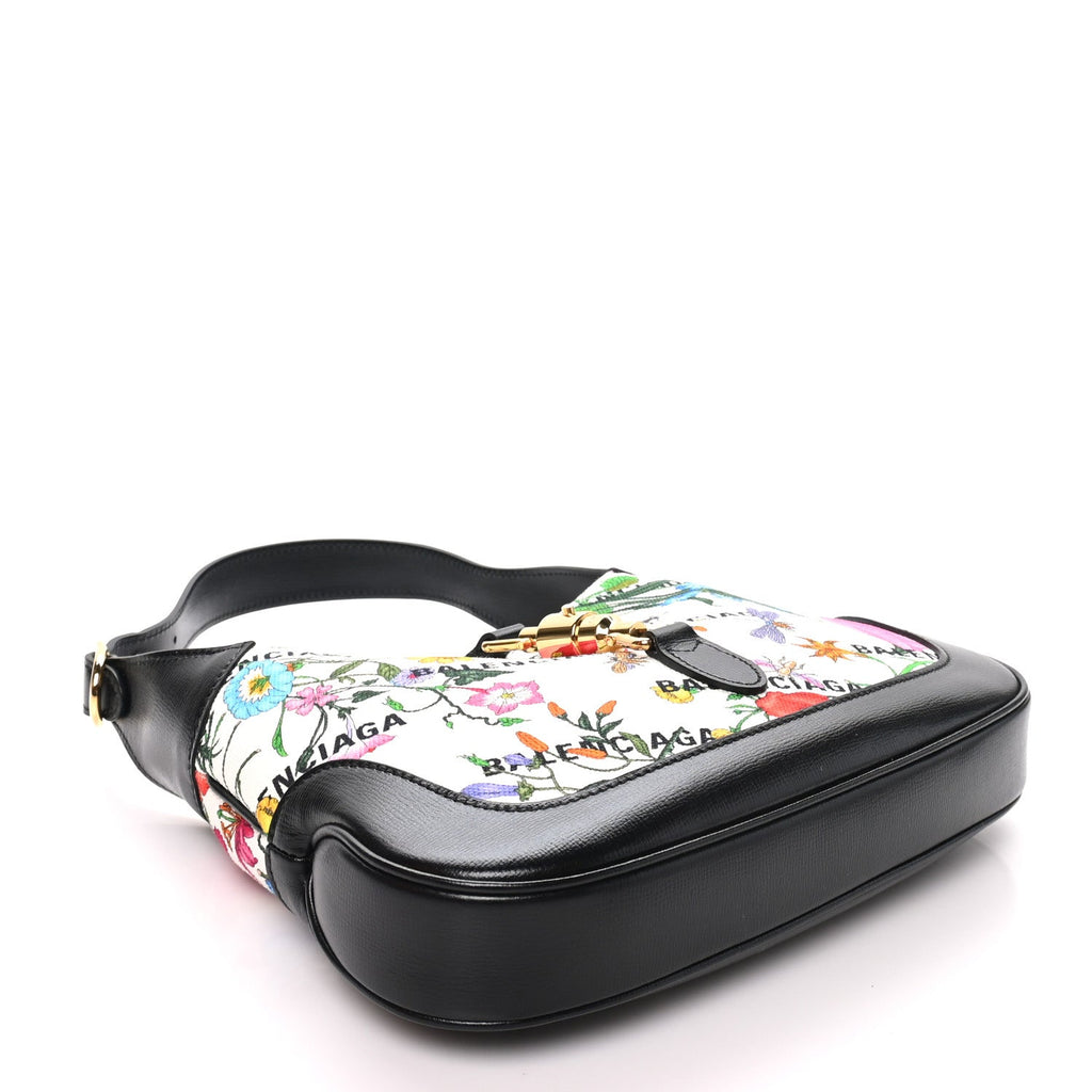 X BALENCIAGA Canvas Boarded Pluton Calfskin Flora Logo Print Small Jackie 1961 Hobo White Multicolor Black