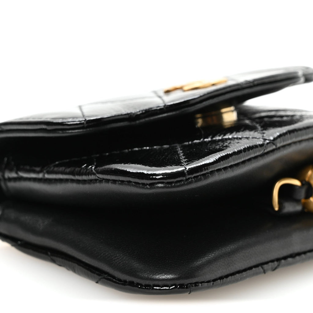 Crumpled Patent Lambskin Quilted Tassel Clutch With Chain Black