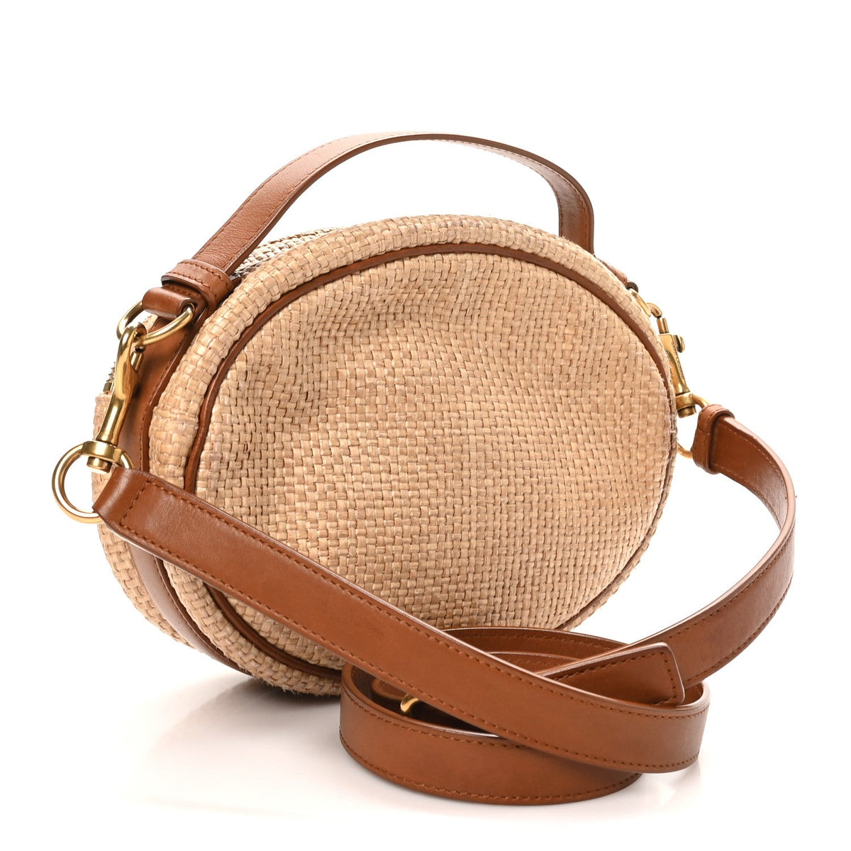 Raffia Calfskin Round Camera Bag Golden Ecru Brick