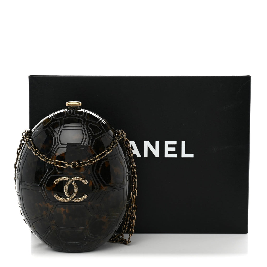 Plexiglass Shell CC Round Minaudiere Clutch Brown