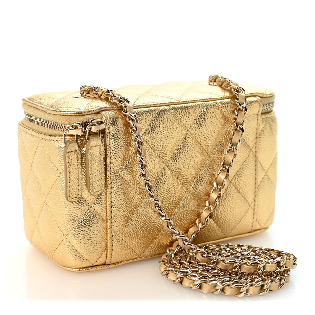 Metallic Caviar Quilted Small Vanity Case With Chain Gold