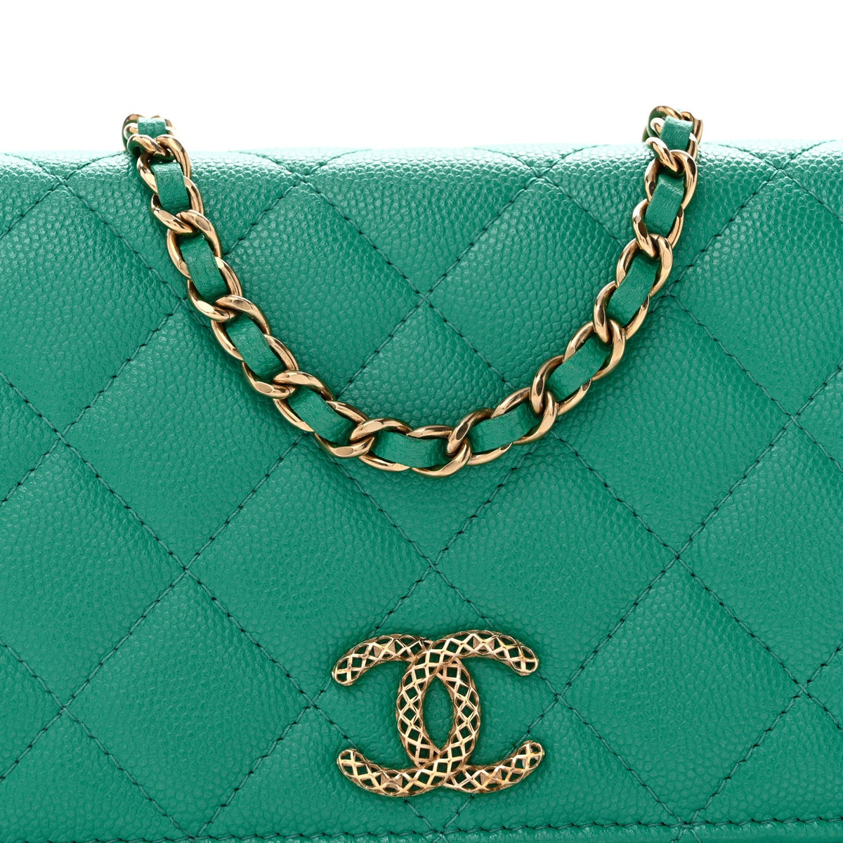 Caviar Quilted Perforated Metal CC Wallet on Chain WOC Green