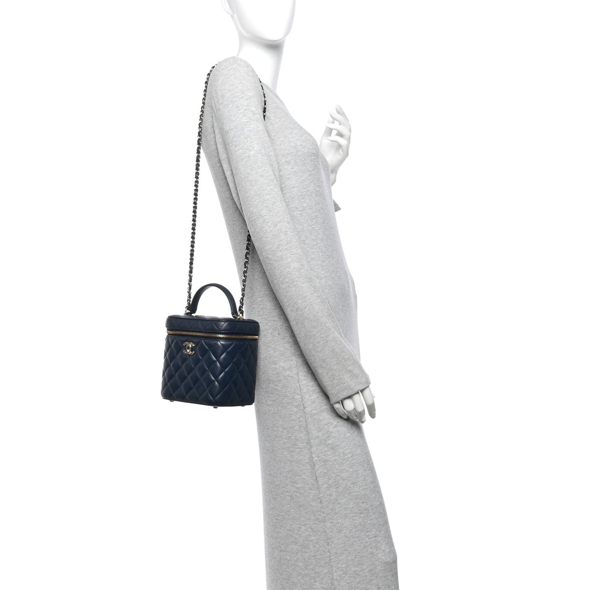 Caviar Quilted Small Top Handle Vanity Case With Chain Navy Blue