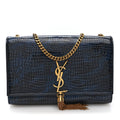 Calfskin Crocodile Embossed Medium Classic Monogram Kate Tassel Satchel Black Blue