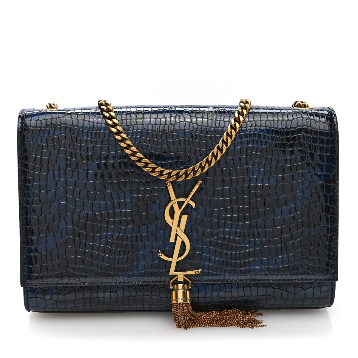 Calfskin Crocodile Embossed Medium Classic Monogram Kate Tassel Satchel Black Blue