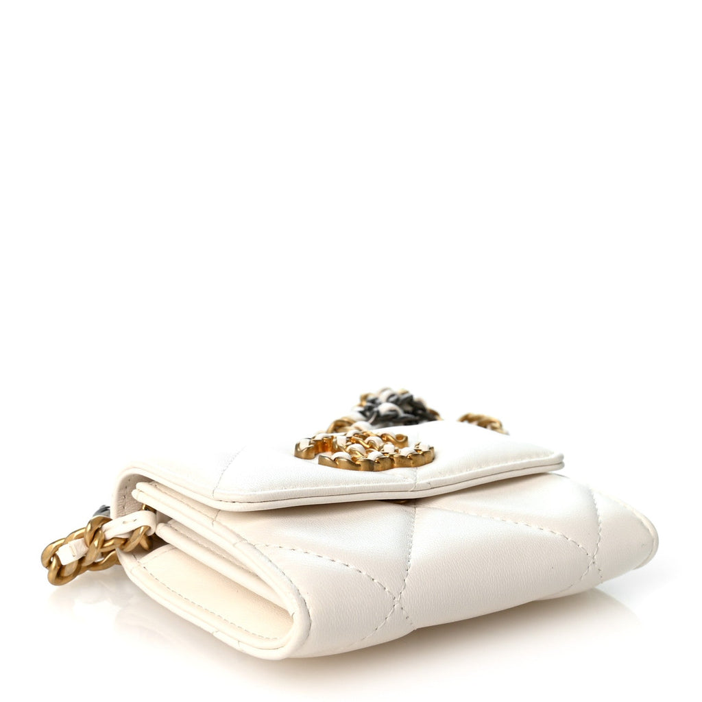 Lambskin Quilted Chanel 19 Flap Coin Purse With Chain White