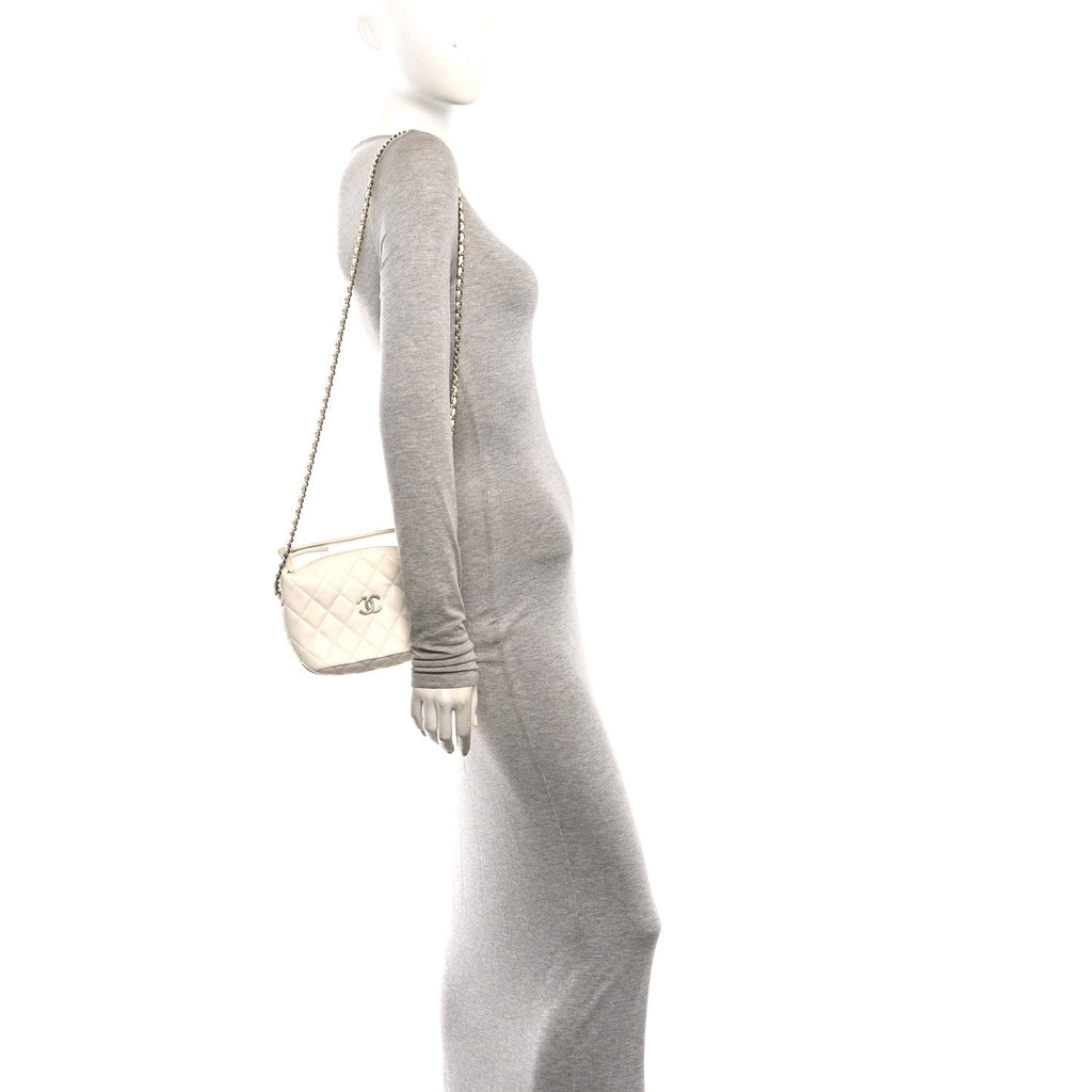Caviar Quilted Hobo Clutch With Chain White