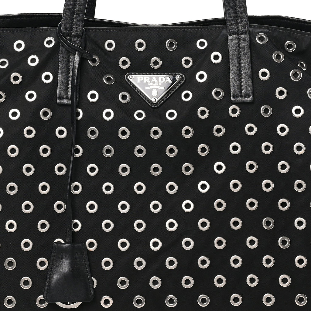 Tessuto Nylon Calfskin Grommet Tote Black