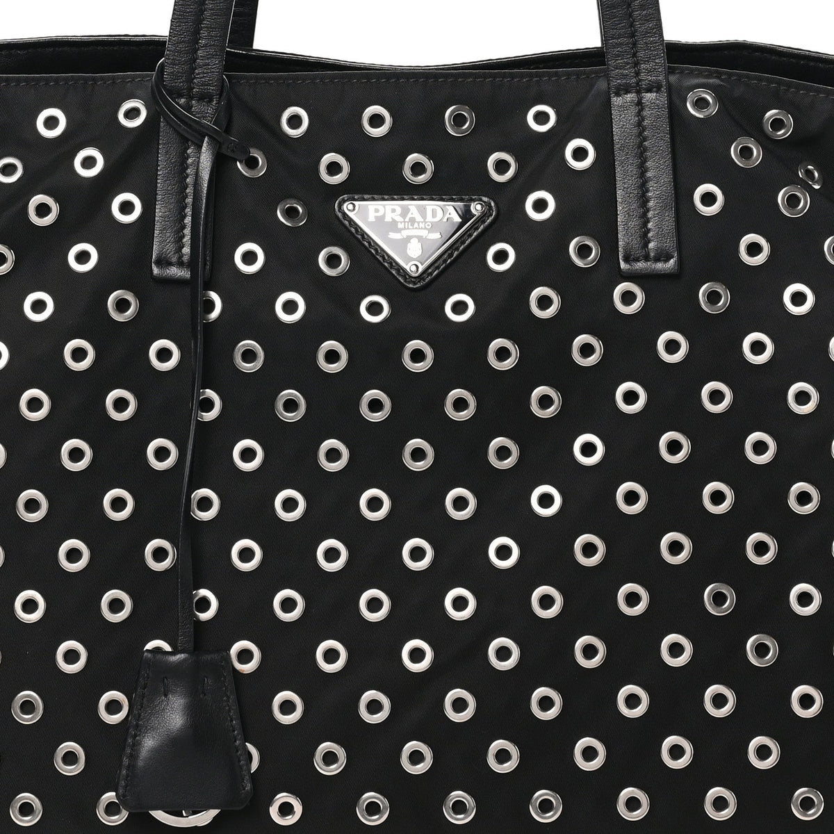 Tessuto Nylon Calfskin Grommet Tote Black