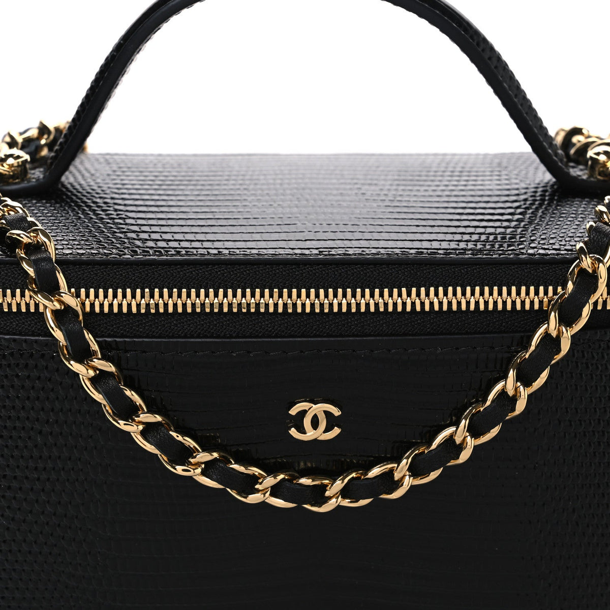 Calfskin Lizard Embossed Top Handle Vanity With Chain Black