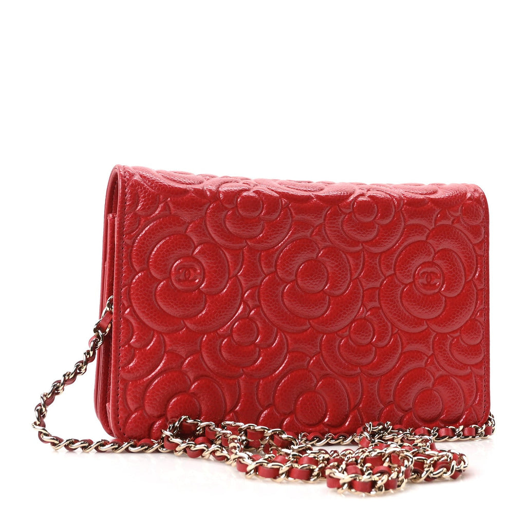 Caviar Camellia Embossed Wallet On Chain WOC Red