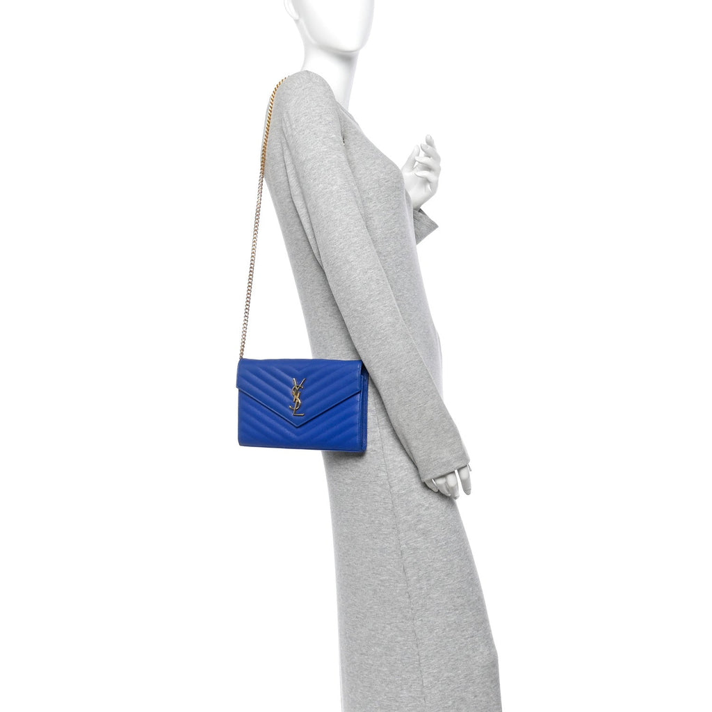 Grain De Poudre Matelasse Chevron Monogram Chain Wallet Blue Majorelle