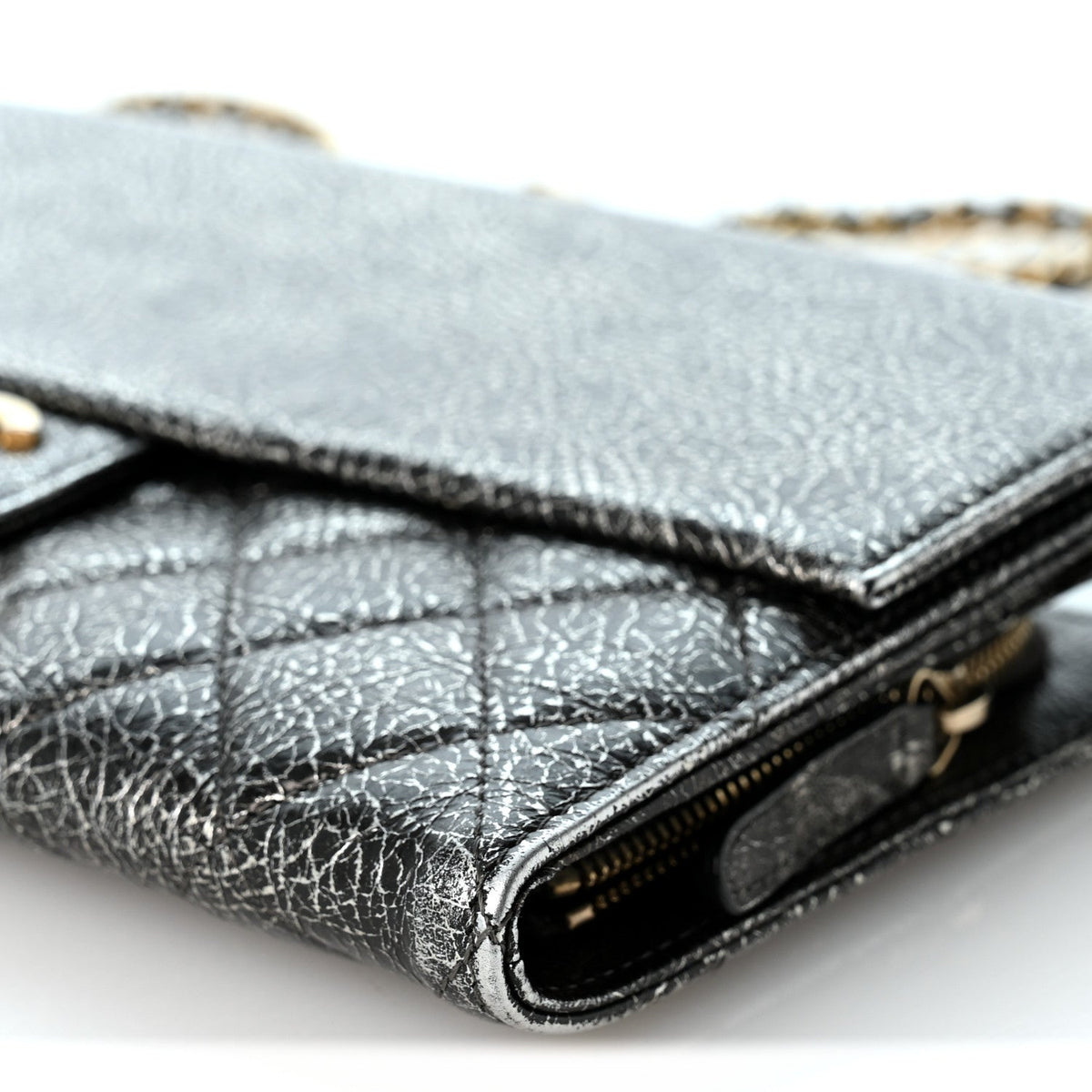 Cracked Metallic Calfskin Quilted Zip Away Chain Clutch Dark Silver