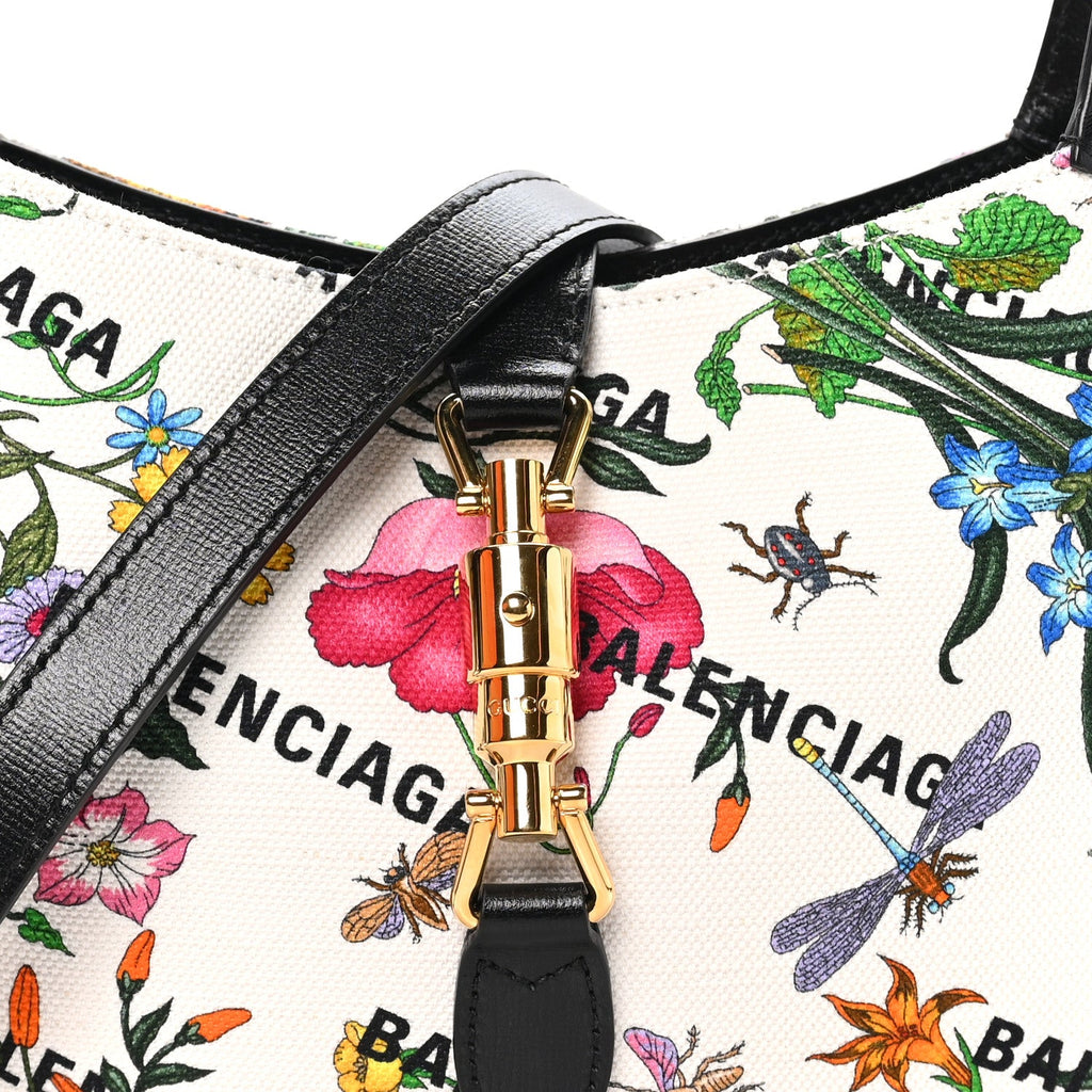 X BALENCIAGA Canvas Boarded Pluton Calfskin Flora Logo Print Small Jackie 1961 Hobo White Multicolor Black
