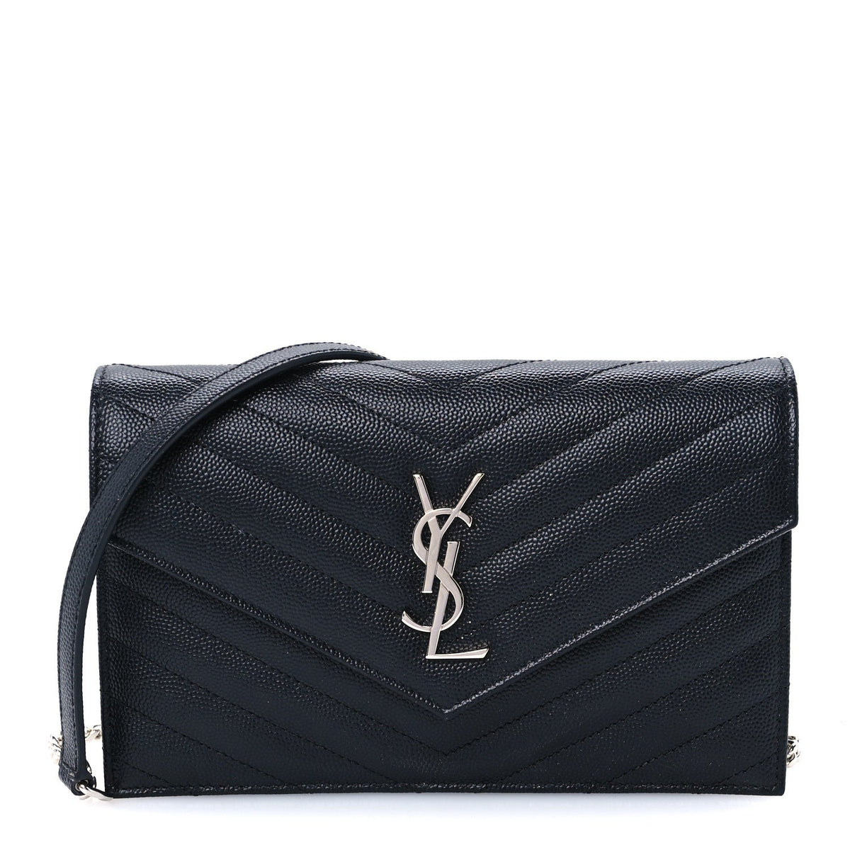 Grain De Poudre Matelasse Chevron Monogram Envelope Chain Wallet Black