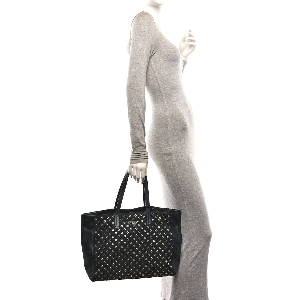 Tessuto Nylon Calfskin Grommet Tote Black