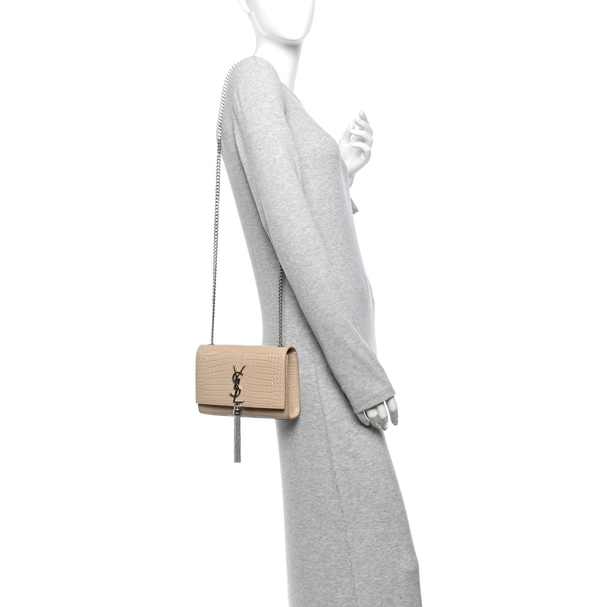 Calfskin Crocodile Embossed Small Classic Monogram Kate Tassel Satchel Beige