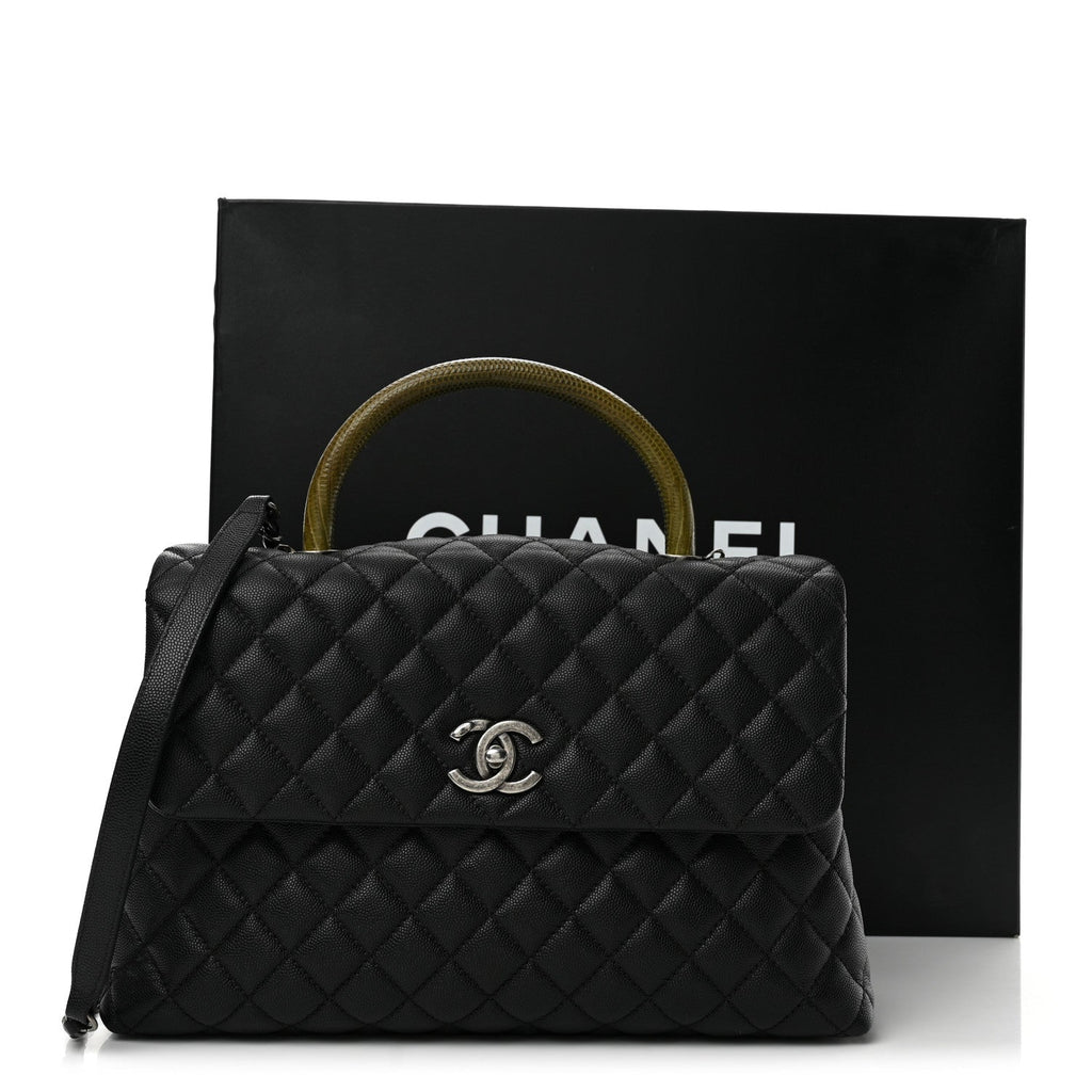 Caviar Lizard Quilted Medium Coco Handle Flap Black Khaki