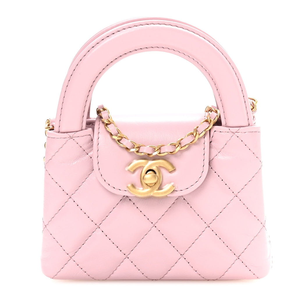 Shiny Aged Calfskin Quilted Mini Nano Kelly Shopper Pink