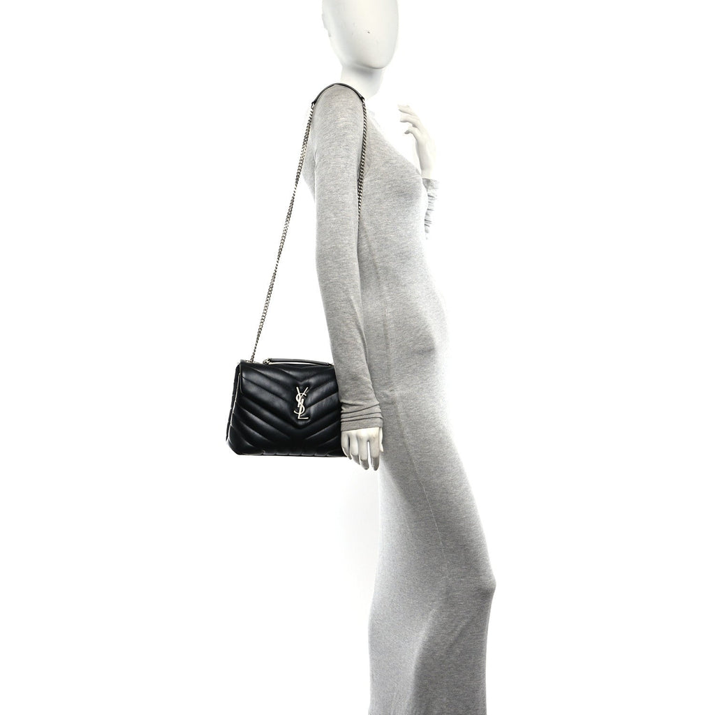 Calfskin Y Quilted Monogram Small Loulou Chain Satchel Black