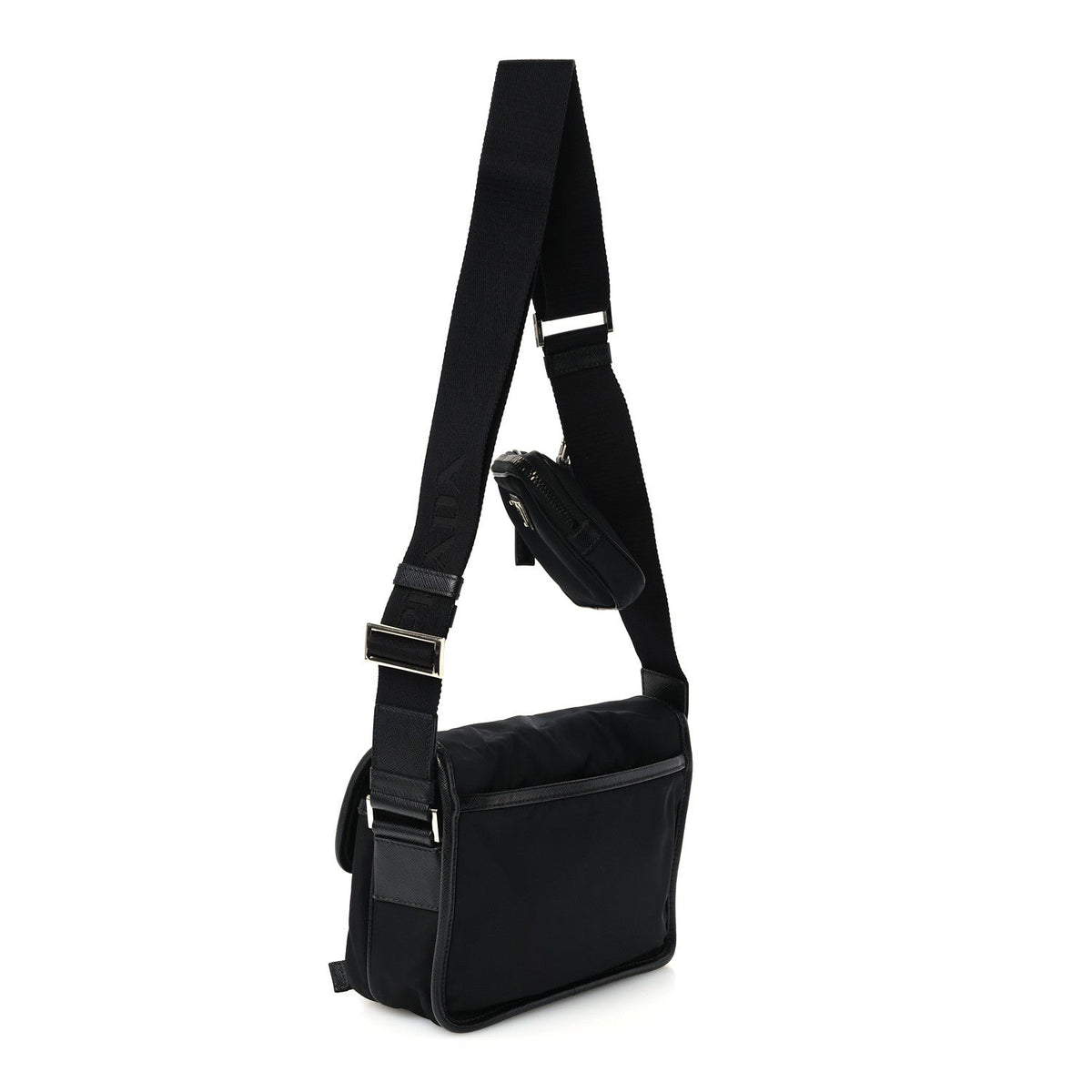 Re-Nylon Saffiano Pocket Double Snap Buckle Shoulder Bag Black