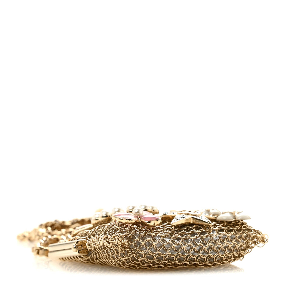 Metal Pearl Enamel Kiss Lock Chain Mail Charm Clutch Gold