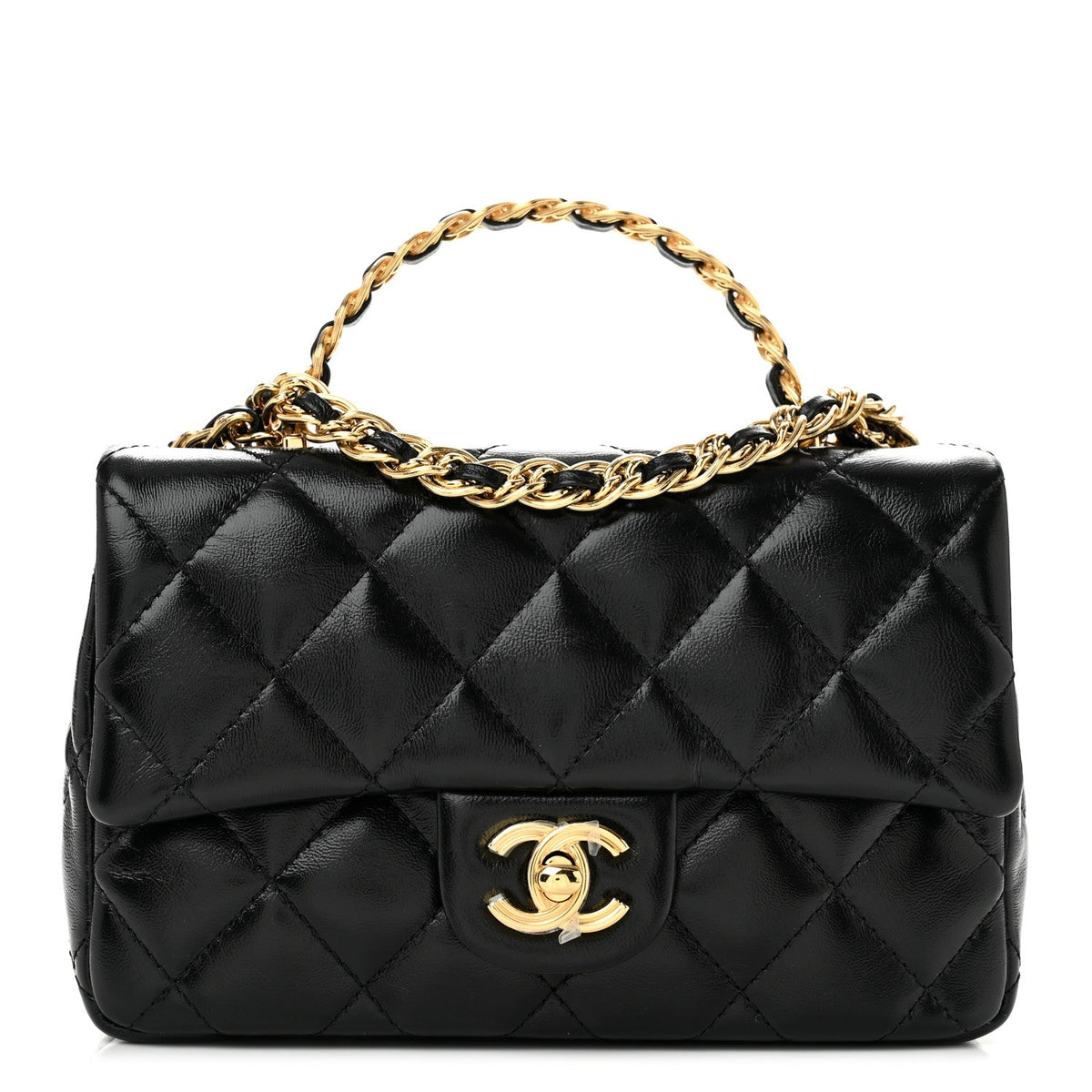 Shiny Lambskin Quilted Golden Links Top Handle Flap Black