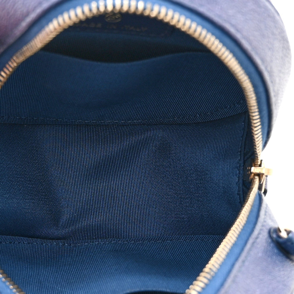 Iridescent Caviar Quilted Round Clutch With Chain Blue