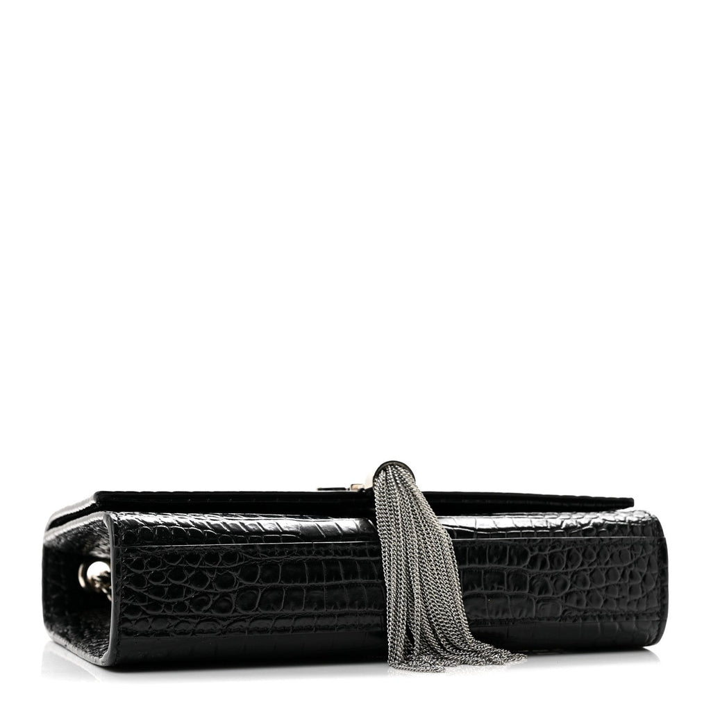 Calfskin Crocodile Embossed Small Classic Monogram Kate Tassel Satchel Black