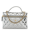 Metallic Calfskin Quilted Top Handle Slim Vanity With Chain Silver