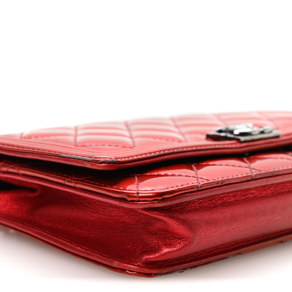 Metallic Patent Calfskin Quilted Boy Wallet On Chain WOC Red