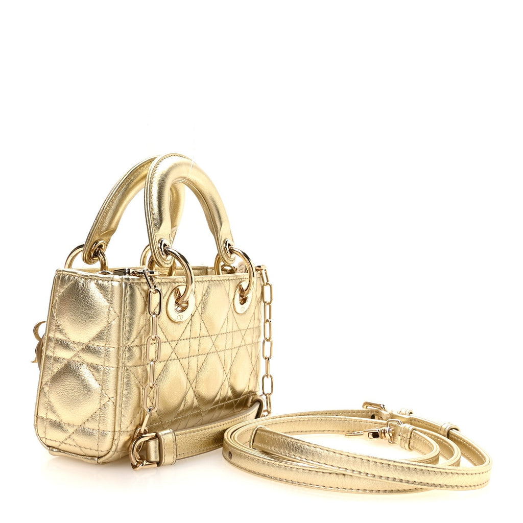 Metallic Lambskin Cannage Micro Lady D-Joy Gold