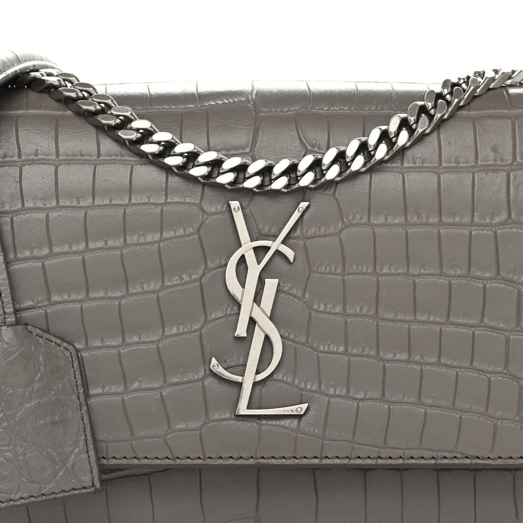 Calfskin Crocodile Embossed Medium Monogram Sunset Fog