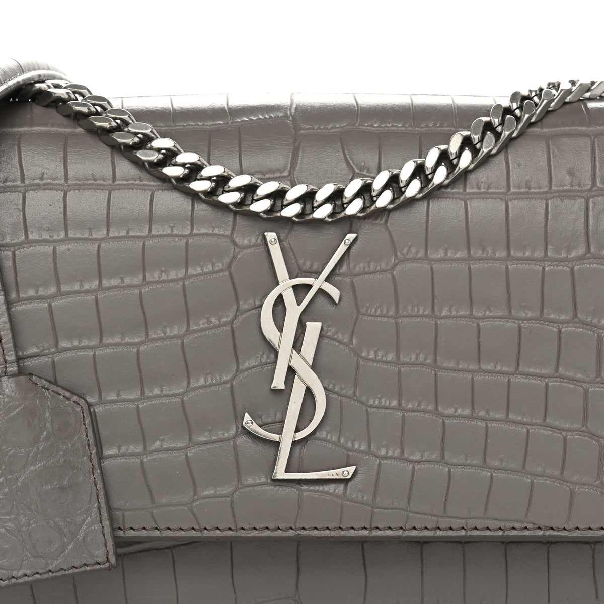 Calfskin Crocodile Embossed Medium Monogram Sunset Fog