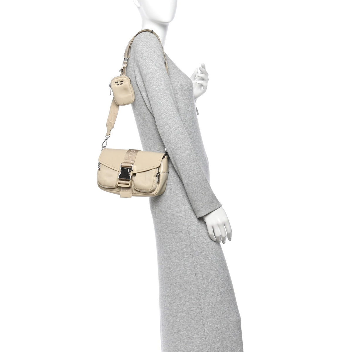 Re-Nylon Spazzolato Double Pocket Buckle Shoulder Bag Deserto