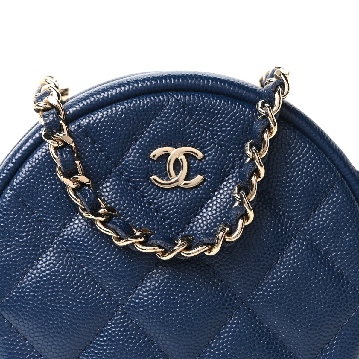 Caviar Quilted Round Clutch With Chain Navy