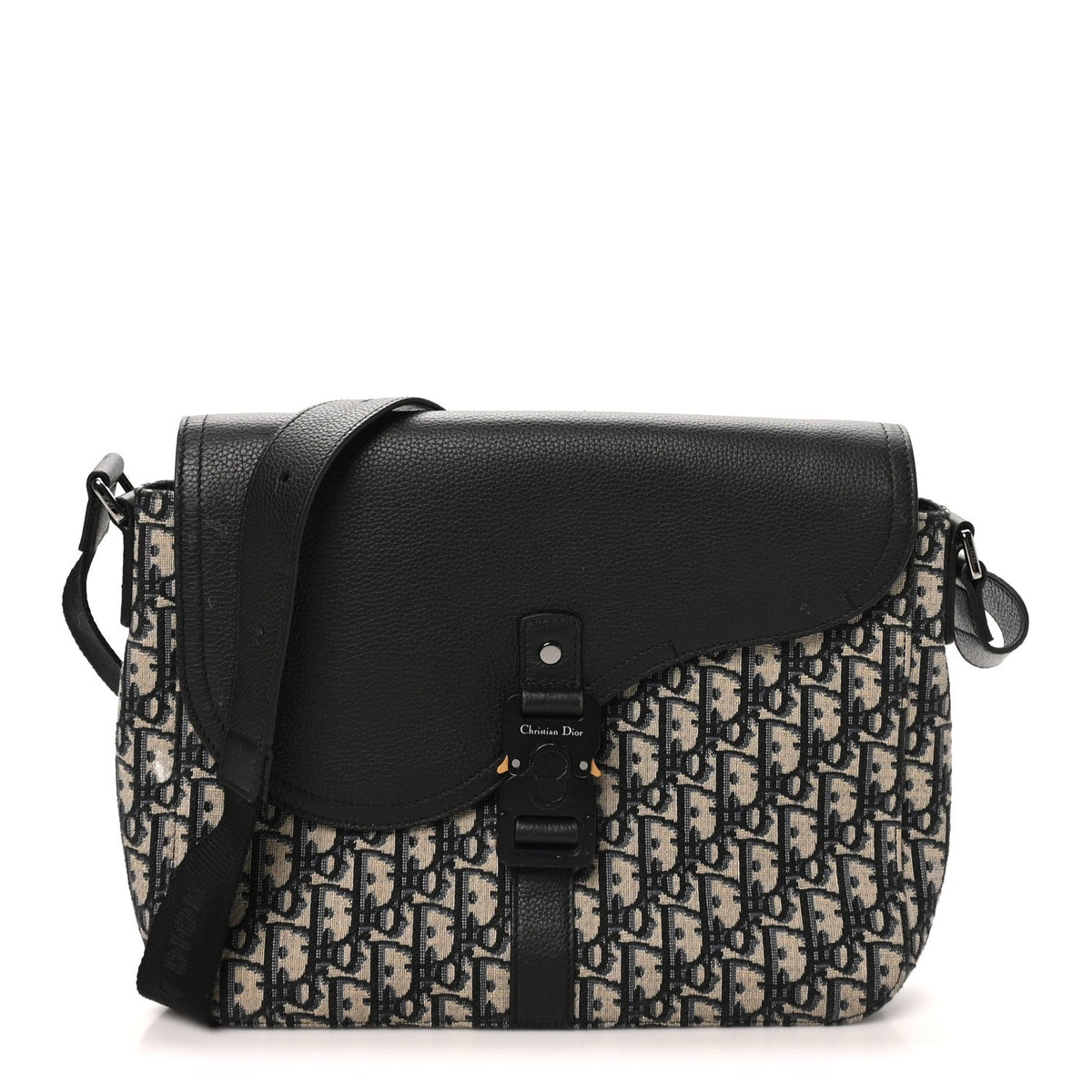 Oblique Jacquard Grained Calfskin Medium Saddle Messenger Bag Beige Black