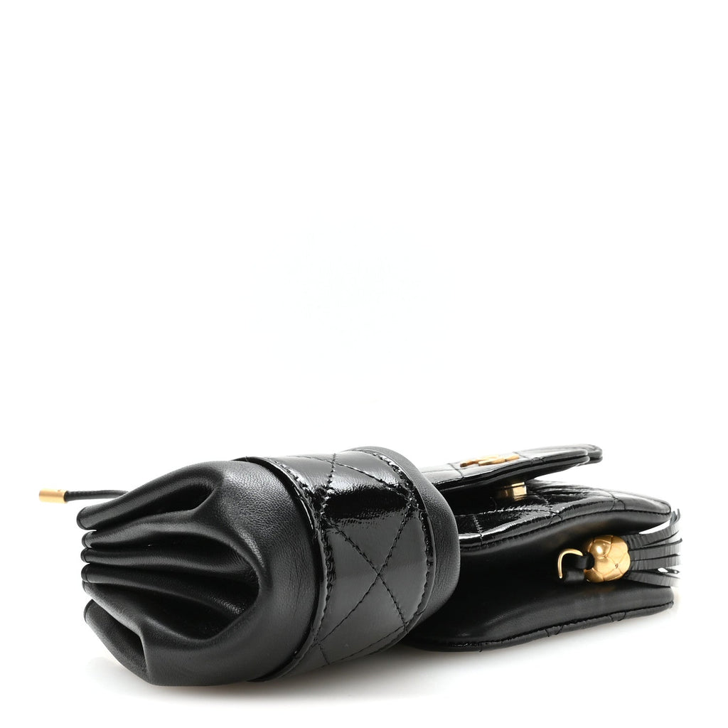 Crumpled Patent Lambskin Quilted Tassel Clutch With Chain Black