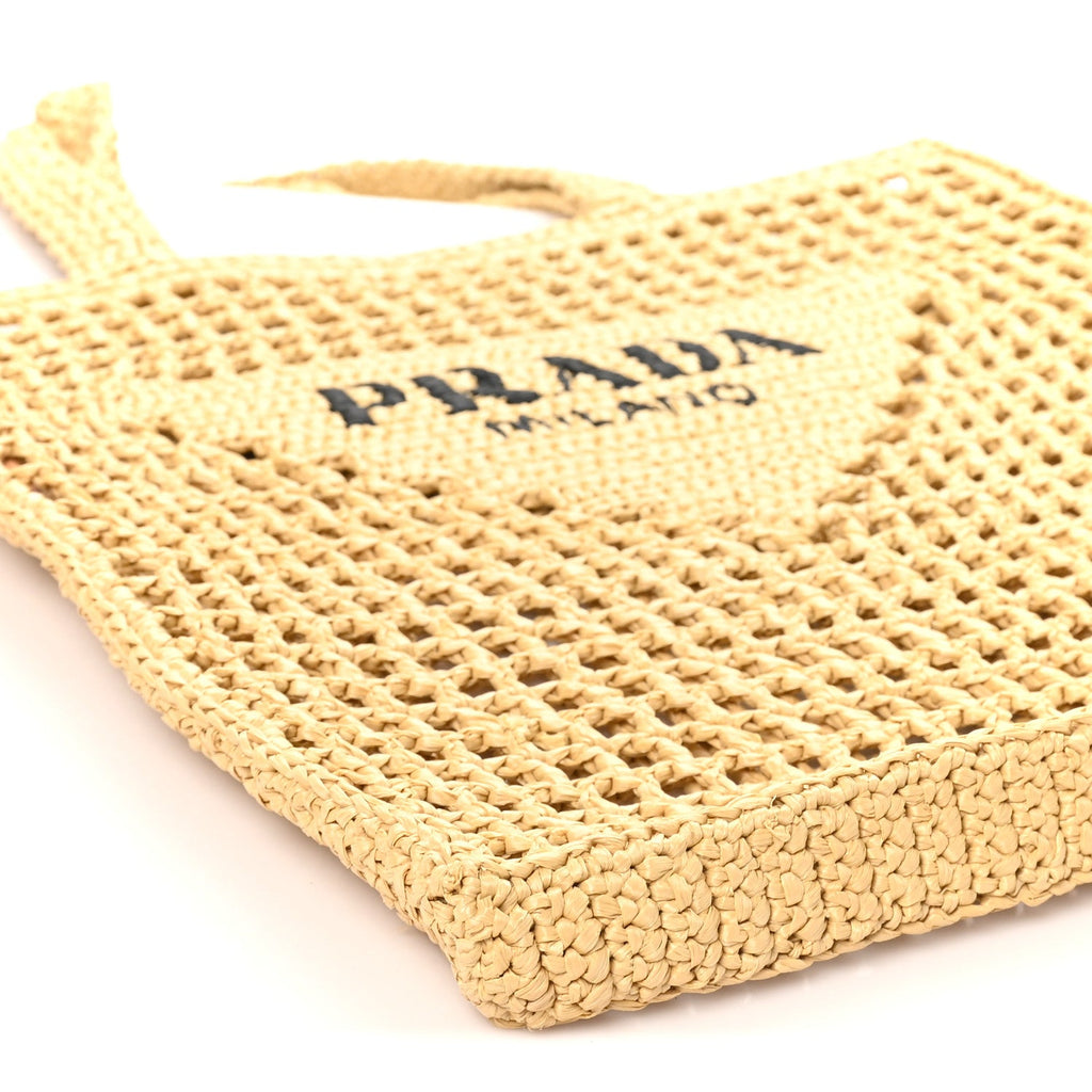 Yarn Raffia Effect Crochet Logo Embroidered Tote Bag Naturale