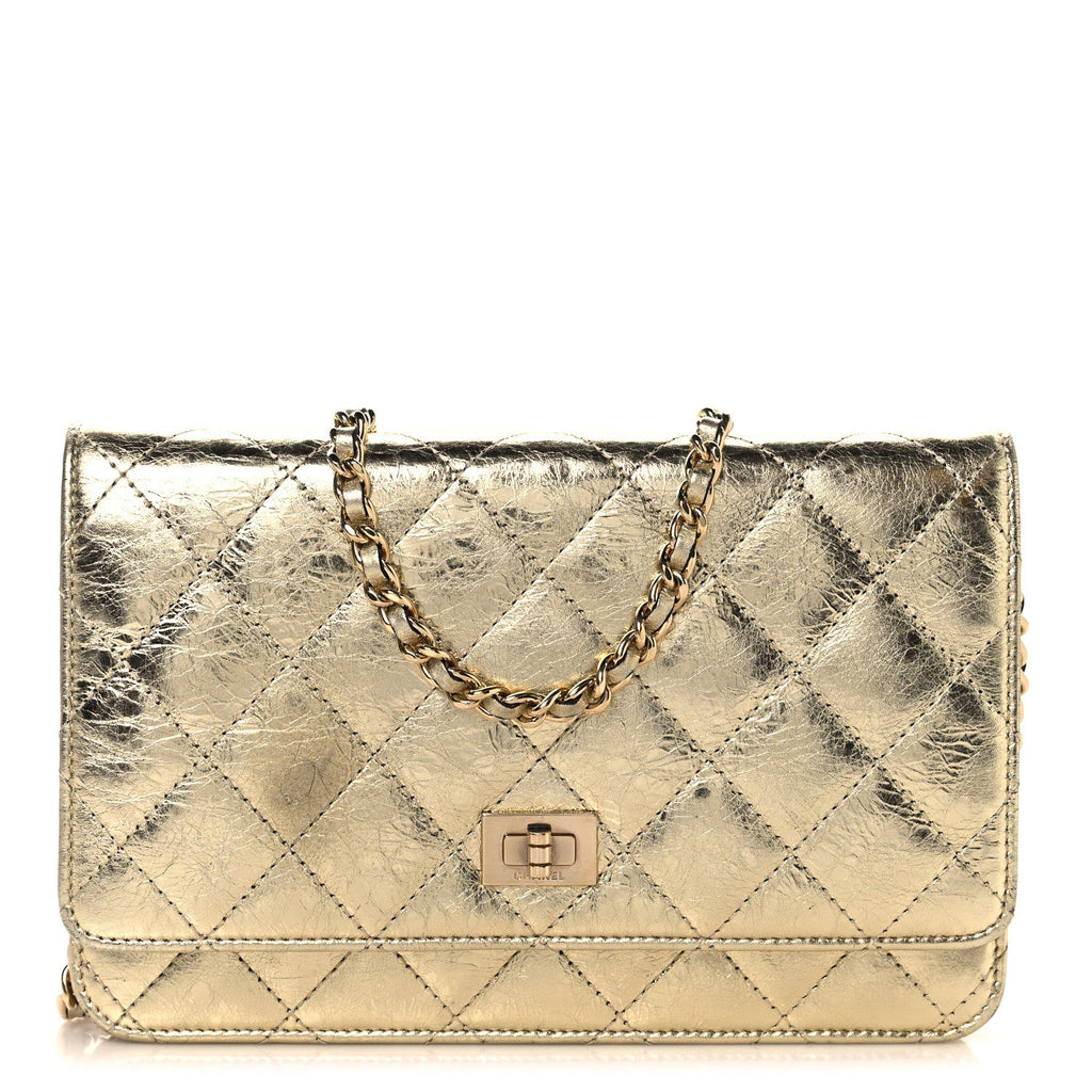 Metallic Aged Calfskin Quilted Reissue Wallet On Chain WOC Gold